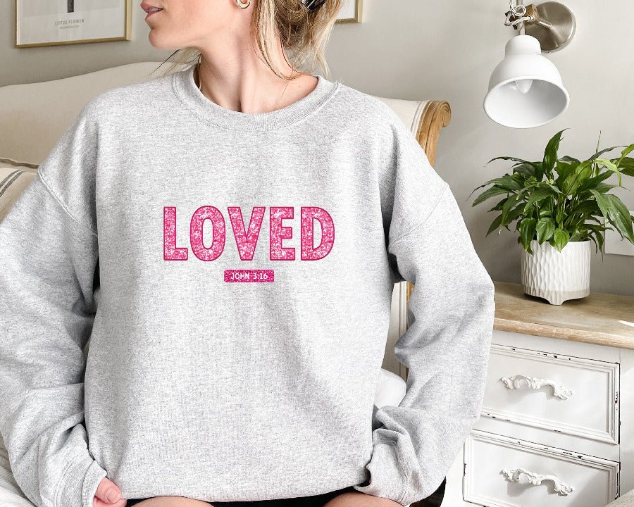LOVED John 3:16 Sparkly Faux Sequin Letters Valentines - Ready to Press DTF Transfer - Print Pony
