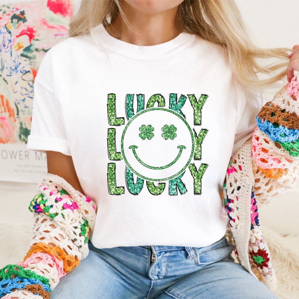 Lucky Smiley Face Faux Sequins St. Patrick's DTF Transfer - Print Pony™