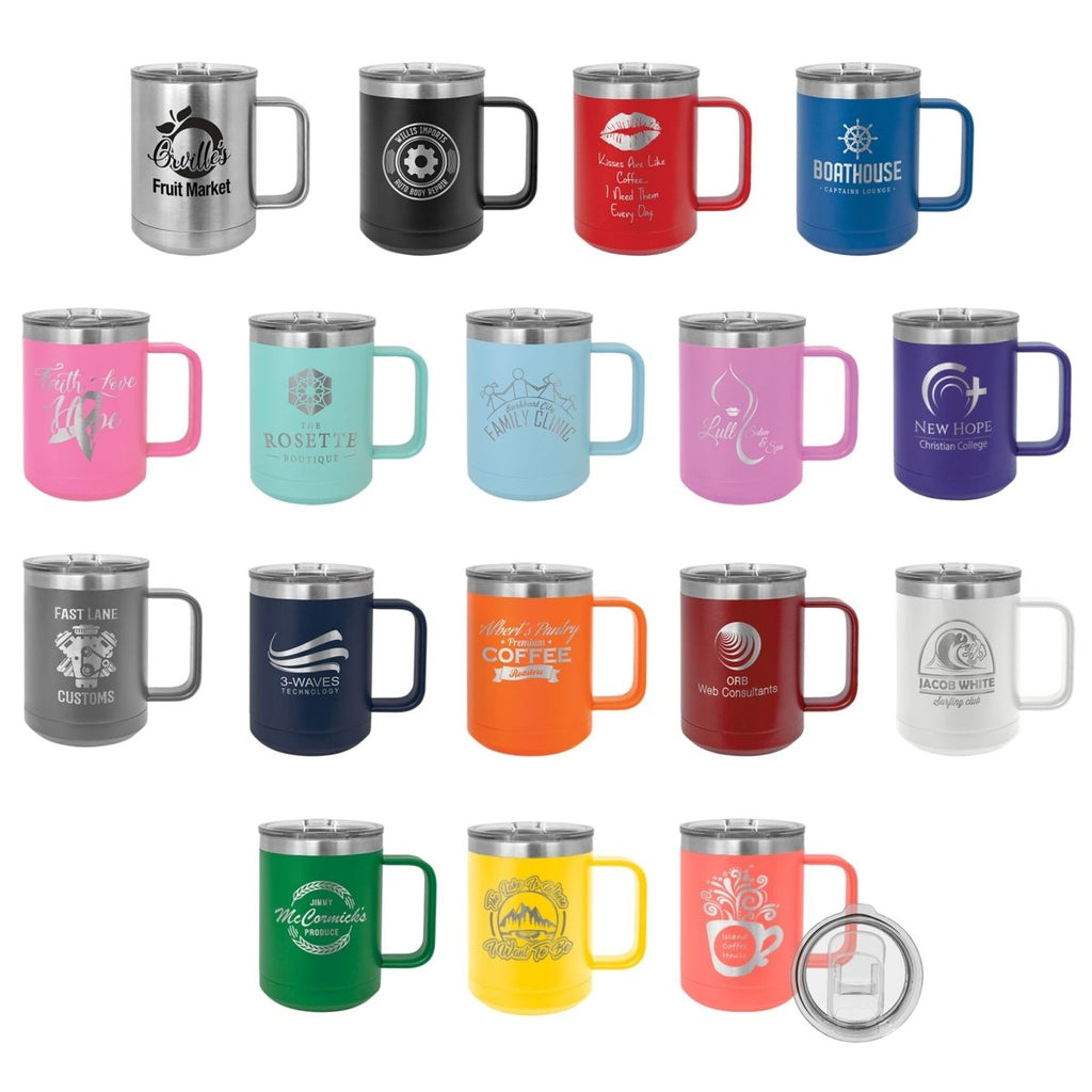 Personalized Custom Engraved 15 oz. Coffee Travel Mugs with Slider Lid - Print Pony™